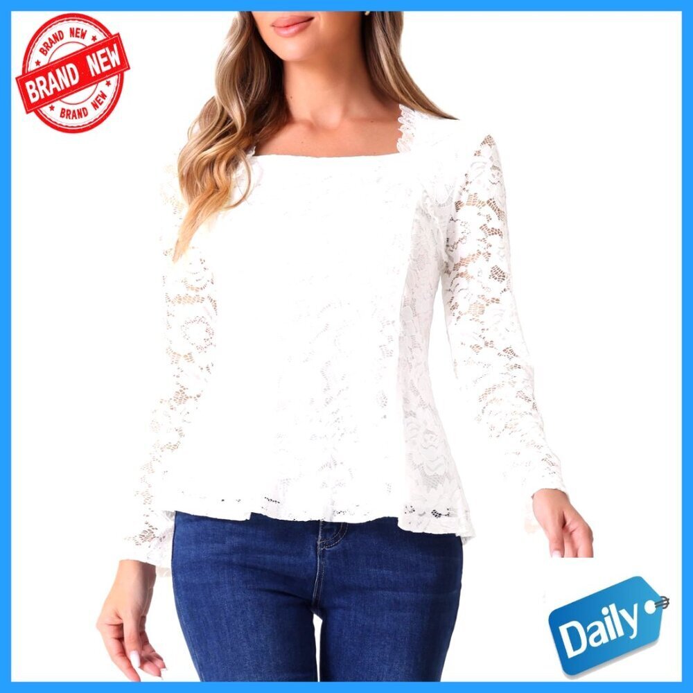 Lace Long Sleeve Peplum Blouse Square Neck Stretch Fabric